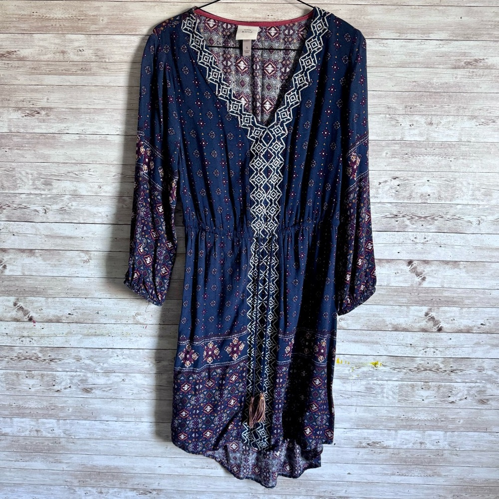 Knox Rose Womens Dress Size Small Blue Red Floral Peasant V-Neck